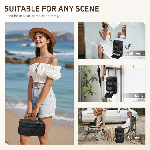 Woman holding a Multi Layer Travel Closet Organizer Bag for Luggage Packing with Hook Design on the beach; inset uses in bathroom and camping.