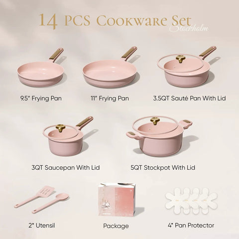Nonstick Cookware Set 14 Piece, PFAS Free And Non Toxic, Pink Blush Granite Coated Pots With Lids, Frying Pans, Utensils