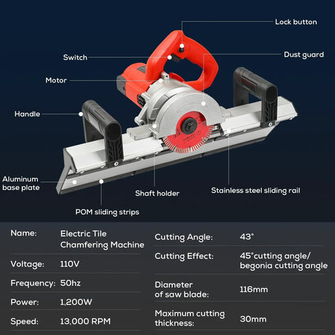 Heavy Duty 43 Degree Electric Tile Edge Cutter With Auto Water Spray, features aluminum base plate and stainless steel sliding rail.