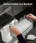 Top Tier Nugget Ice Maker Producing Thirty Three Pounds Daily Of Crisp Chewable Crushed Ice showing detachable ice basket filled with ice.