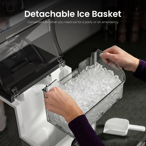 Top Tier Nugget Ice Maker Producing Thirty Three Pounds Daily Of Crisp Chewable Crushed Ice showing detachable ice basket filled with ice.