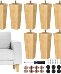 Set Of 8 6 Inch Square Solid Wood Furniture Legs For Sofa Couch Armchair Bed Dresser Cabinet Replacement Mid Century Style Includes Installation Hardware Natural Finish shown with a couch corner and hardware kit