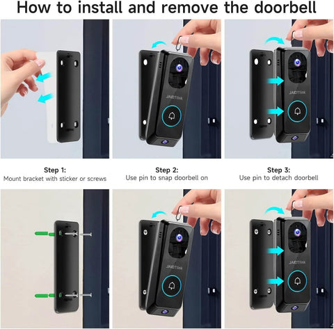 Steps to install and remove the 2K Dual Lens Video Doorbell With Chime, Local Storage Up To 512GB, focus on mounting and detaching process