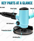 Top Tier Pneumatic Air Angle Grinder 4 Inch showing air inlet, air exhaust, grip collar, side handle, and grinding disc.