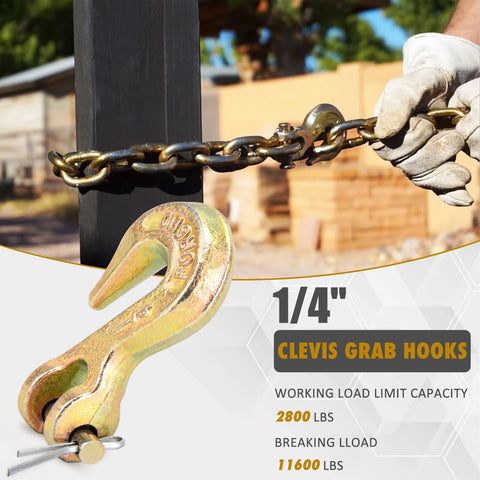 Heavy Duty 1/4 Inch Chain Hooks Set With 3600 Lbs Working Load G70 Clevis Grab Hooks For Trailer Tow Truck Marine Use Yellow Chromate