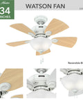 34 Inch Watson Ceiling Fan With LED Light Kit In Snow White Finish Pull Chain Multi Speed Whisper Wind Motor