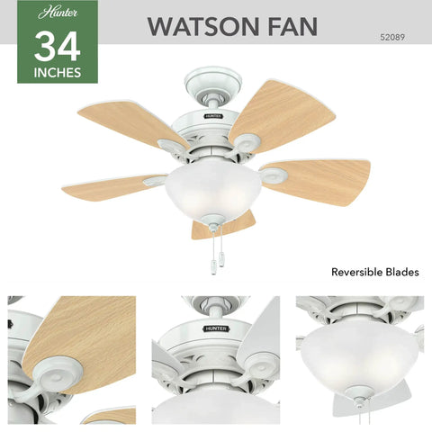 34 Inch Watson Ceiling Fan With LED Light Kit In Snow White Finish Pull Chain Multi Speed Whisper Wind Motor