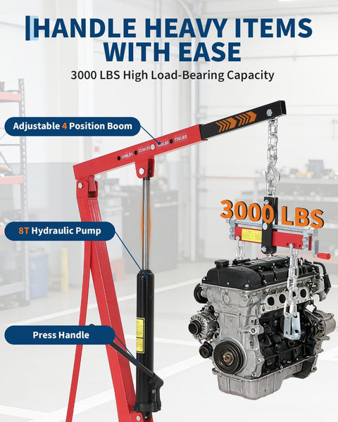 Heavy Duty Hydraulic Engine Hoist With Lever 1.5 Ton Capacity 3000 Lbs Shop Crane Telescopic Boom lifting engine in garage