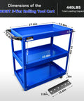Three Tier Rolling Tool Cart With Beefy Steel 440 Lbs Capacity Thick 0.9mm Construction Rust Resistant Powder Coat Finish Easy Assembly Mobile Utility Cart For Mechanics Garage Workshop Warehouse, blue 27.6x13.8x31.5 in