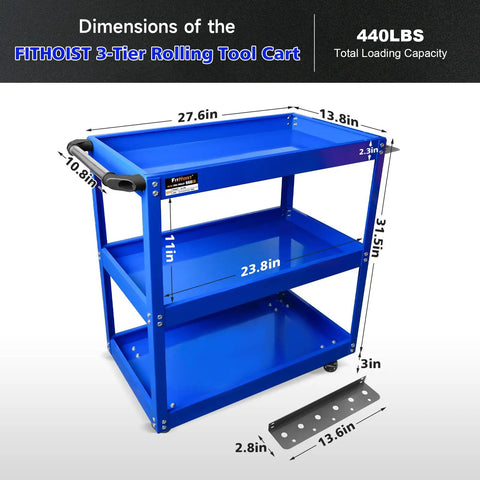 Three Tier Rolling Tool Cart With Beefy Steel 440 Lbs Capacity Thick 0.9mm Construction Rust Resistant Powder Coat Finish Easy Assembly Mobile Utility Cart For Mechanics Garage Workshop Warehouse, blue 27.6x13.8x31.5 in