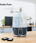 Ultra Fast Steam Sterilizer And Dryer For Baby Bottles Pacifiers And Pump Parts With HEPA Drying device on kitchen counter