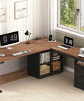 Hella Spacious Corner L Shaped Electric Standing Desk 66 Inch Height Adjustable Computer Workstation With Drawers Storage Shelves USB Power Port And Dang Easy Setup For Home Office Black Brown Finish in a corner setup with monitors and printer.