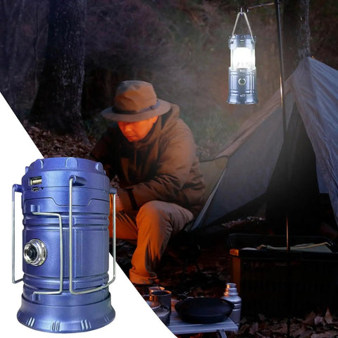 Solar Powered Camping Lantern With Foldable Body And Sturdy Handle, LED Lamp Three Lighting Modes, Waterproof in use at night