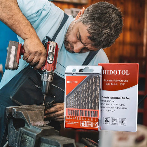 Pro Grade Cobalt Drill Bit Set Thirteen Piece M35 HSS Twist Bits For Hardened Metal displayed with packaging in workshop