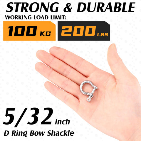 Stainless Steel 304 Bow Shackle Set, 4 Pieces, 5 32 Inch Screw Pin D Ring Shackles For Outdoor Adventure And Camping shown in hand