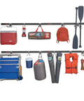 FastTrack Garage Wall Mounted Storage Kit with four rails and eleven hooks, organizing sports equipment and tools, heavy-duty steel