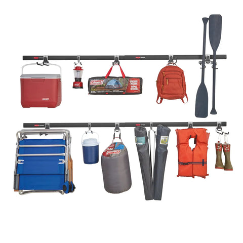 FastTrack Garage Wall Mounted Storage Kit with four rails and eleven hooks, organizing sports equipment and tools, heavy-duty steel