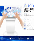 Ready To Roll 43 Inch Windows 11 Touch Kiosk Delivering Straight Up Premium Performance For Self Ordering Stations And Digital Signage Boards With 8 Plus 128 Gigabyte Memory Capacity To Keep Operations Smooth And Stress Free Today showing hands on the 10-point multi-touch screen.