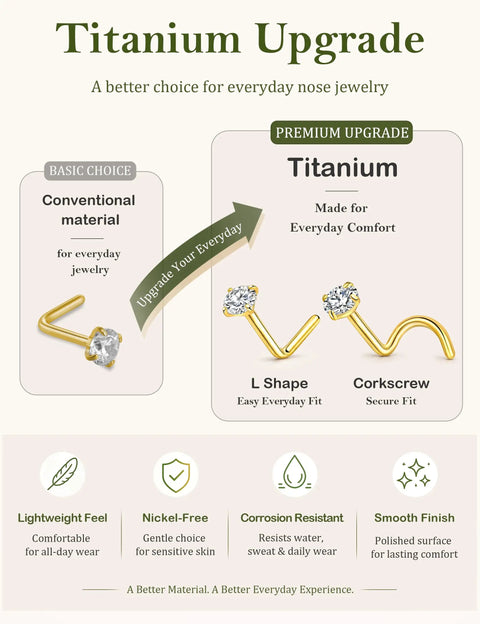 Image comparing platinum nose jewelry options, showcasing L shaped and corkscrew styles with highlights on titanium benefits.