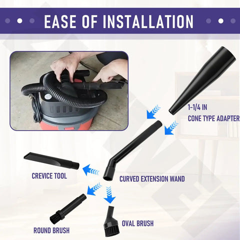 Diagram showing One And A Quarter Inch Micro Cleaning Wet Dry Vac Nozzle Kit With Cone Adapter and six attachments for installation.