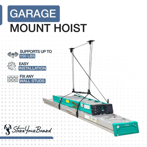 Ceiling Ladder Storage Pulley System For Garage Hoist, Heavy Duty Overhead Organizer Holds Ladders Up To 150 Lbs displayed