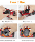 Step-by-step guide on using Waterproof Lens Cap Cover Protector for Olympus Tough TG Series Cameras, showing attachment and rotation.