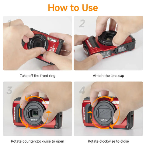 Step-by-step guide on using Waterproof Lens Cap Cover Protector for Olympus Tough TG Series Cameras, showing attachment and rotation.