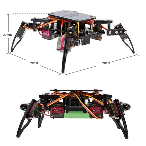 ESP8266 Spider Robot Building Kit with App Remote Control, detailed view showing dimensions and structure for STEM learning and coding.