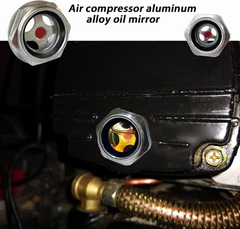 5 Pack Aluminum Oil Sight Glass Kit With One Quarter Inch, One Half Inch, Three Quarter Inch, Three Eighth Inch, And One Inch Male Threads, Clear Oil Level Indicator Window For Hydraulic Tanks And Air Compressor Fittings on compressor housing