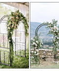 Sturdy Black Metal Garden Arbor Trellis For Climbing Plants And Flowers, Outdoor Wedding Arch For Ceremony, decorated with roses.