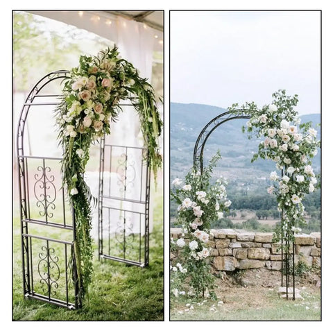 Sturdy Black Metal Garden Arbor Trellis For Climbing Plants And Flowers, Outdoor Wedding Arch For Ceremony, decorated with roses.