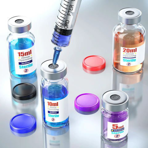 Front view of five KS-Tek sterile empty glass vials with self-healing injection ports and flip-off aluminum caps.