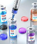 Sterile glass vials with flip-top metal caps; assorted sizes (5–20 ml) with blue, purple, and orange liquids