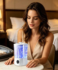 No Fuss Portable Washing Machine With Three Slick Wash Levels For Apartments And Dorms on a table with a woman observing it.