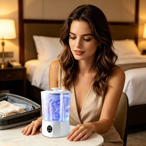 No Fuss Portable Washing Machine With Three Slick Wash Levels For Apartments And Dorms on a table with a woman observing it.