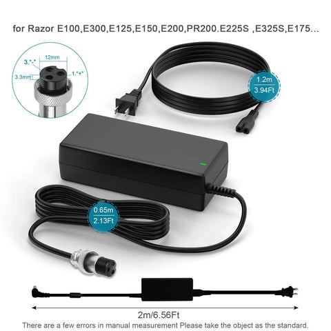Beefy 28V 2A Fast Charger For Electric Scooters And Dirt Quads Compatible With E100 E200 E200S showing components and cable sizes