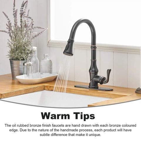 Oil Rubbed Bronze Kitchen Faucet With Pull Out Sprayer, Three Spray Modes, Single Handle, High Arc Design, Built To Last, Deck Plate Included, Farmhouse Style For Kitchen Sink, Bar And Commercial Use
