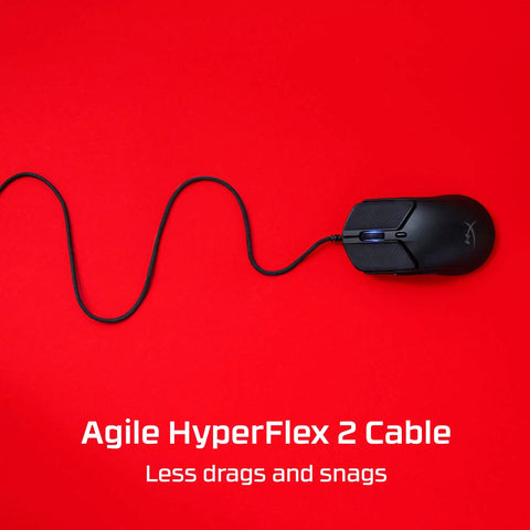 Black Pulsefire Haste 2 Wired Gaming Mouse Ultra Light 53g With 8000Hz Polling Rate Precision Sensor Hyperflex 2 Cable on red background.