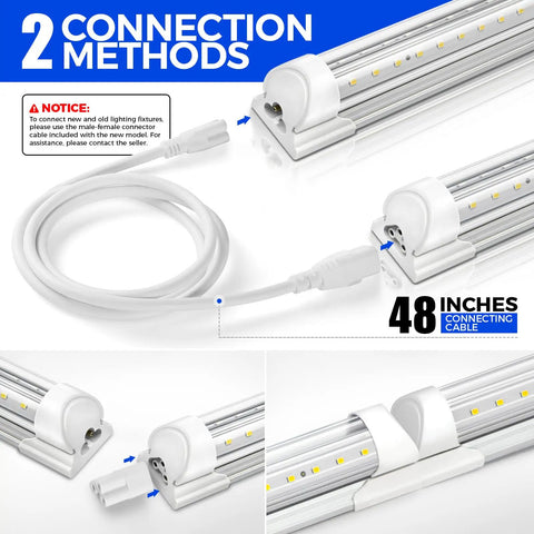 Close-up of T8 LED Shop Light 4Ft 40W 5500 Lumens 5000K Daylight with clear cover, showing connector and 48-inch cable.