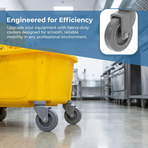 4 Piece Heavy Duty Rubber Swivel Caster Wheels With Threaded Stem And Spring Loaded Setup For Slick Rolling On Mop Buckets Trash Dolly Furniture Carts Grey on a yellow mop bucket