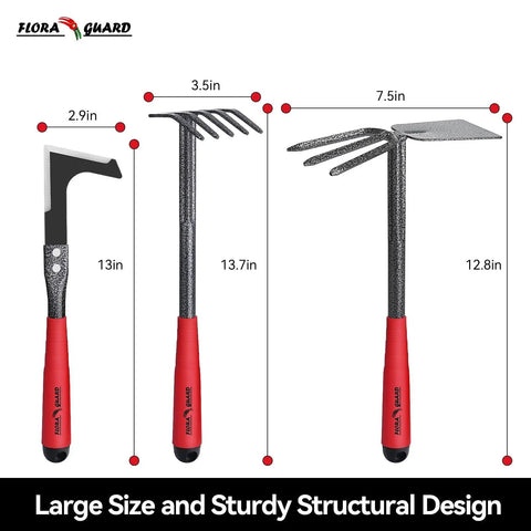 Heavy Duty 6 Piece Garden Tool Set With Trowel Rake 2 In 1 Hoe And Crack Weeder Cultivator And More, large sized tools with dimensions