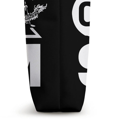 Side view of Paddler Tote Bag For Dragon Boat Racing And Dragonboating Fans, showing black and white design with dragon graphic