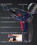 Close-up of cordless screwdriver from 3 In 1 Cardboard Cutter, Cordless Screwdriver And Wine Opener Kit showing features and LED light.