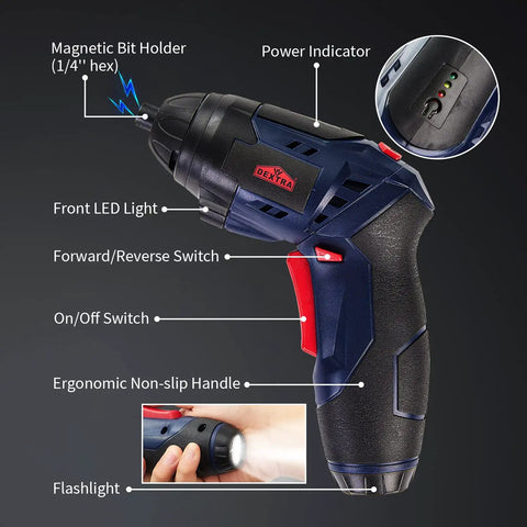 Close-up of cordless screwdriver from 3 In 1 Cardboard Cutter, Cordless Screwdriver And Wine Opener Kit showing features and LED light.