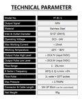 Technical specifications table for 1/2 Inch Stainless Steel Water Flow Sensor Flowmeter With Turbine Design