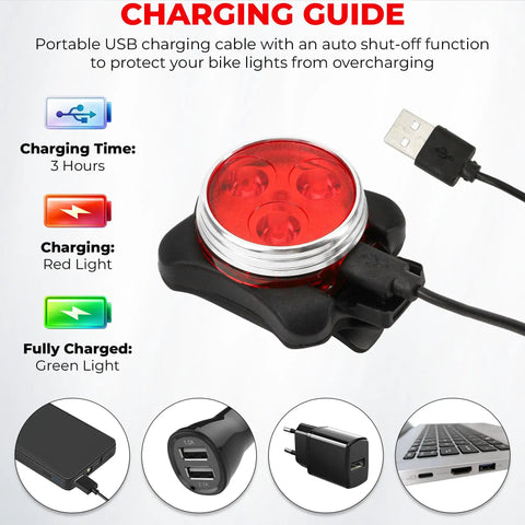 USB Rechargeable Bike Light Set With Front And Rear LED Lights for Mountain Biking, charging with USB cable, red light indicator