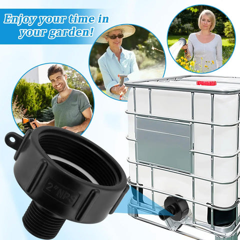 Durable 250 Gallon IBC Tote Water Hose Adapter With 2 Inch Fine Thread To Three Quarter Inch Male Garden Hose Fittings IBC Drain Adapter For Easy Water Transfer And Garden Setup, black plastic 2in tote fitting