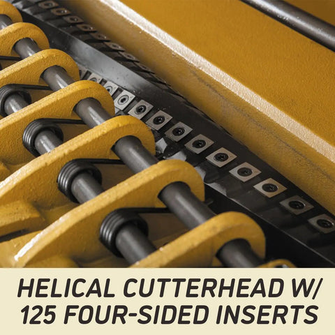 Heavy Duty 22 Inch Planer With Helical Cutterhead And 125 Carbide Knives Delivers Slick Cut Performance Through Tough Lumber Featuring Bulletproof Cast Iron Table Adjustable Feed Rollers And Knockout Seven Point Five Hp 230 Volt 3 Phase Motor Rig