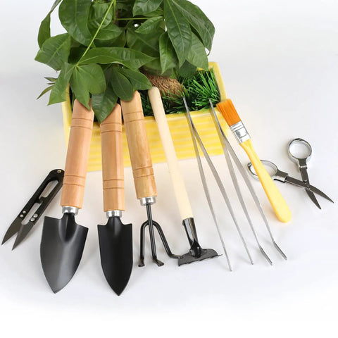 All In One Bonsai Tools Set For Beginners And Hobbyists, 9 Piece Mini Garden Kit With Pruning Shears, Mini Rake, and Tweezers