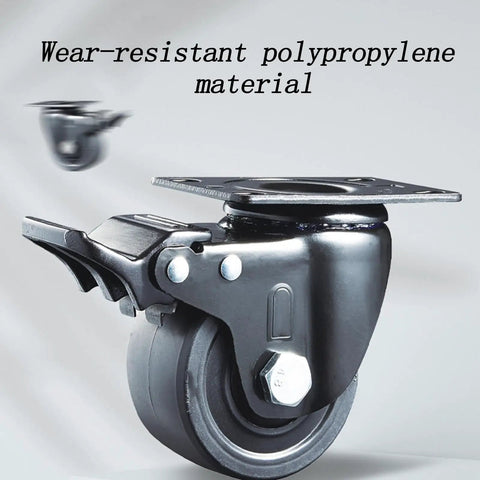 Sets Of 4 Bulletproof 3 Inch Swivel Caster Wheels With Secure Brakes Heavy Duty Polypropylene Ball Casters That Roll Like Butter On Furniture Zero Fuss Upgrade For Hardwood Or Carpet Floors close-up of a black polypropylene caster wheel with wear-resistant material.